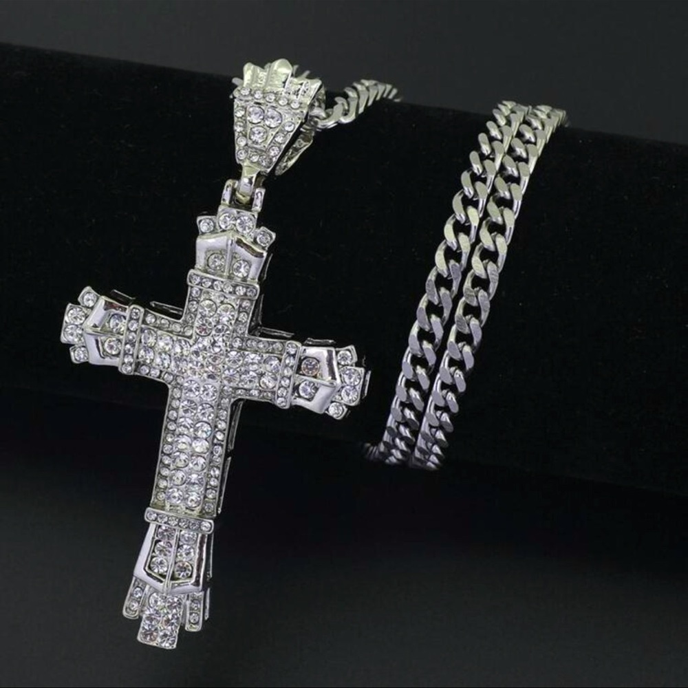Hip-Hop, Bling, Simulated Diamond Cross Pendant Badass, Gothic Necklace